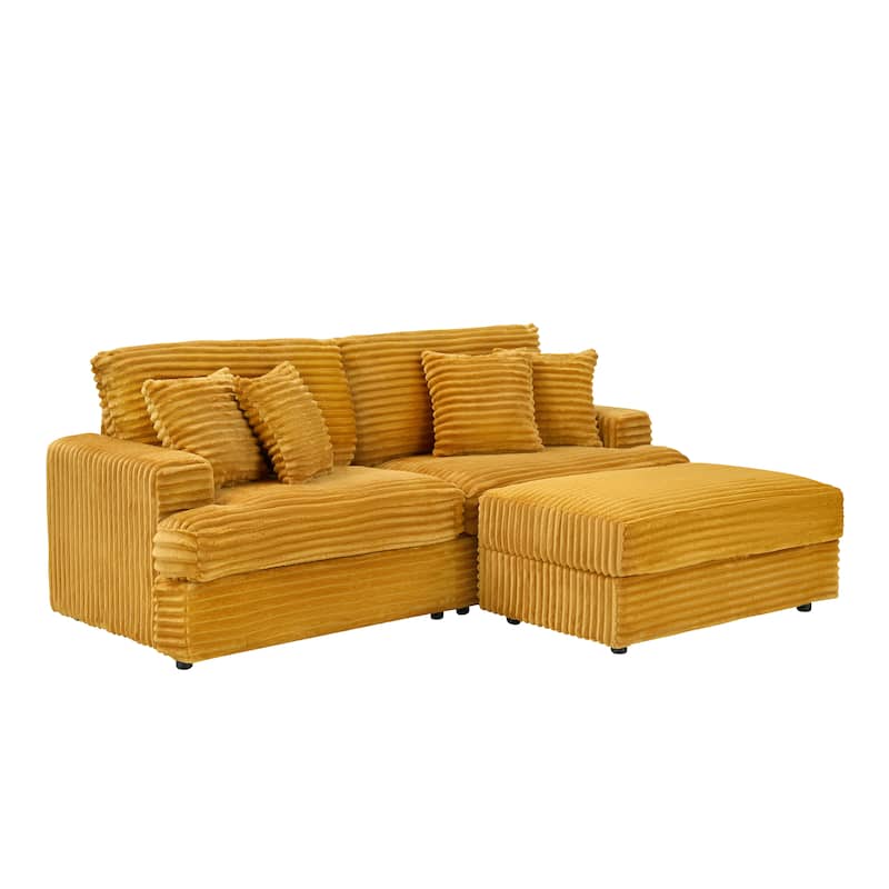 Corduroy Deep Seat L-shaped Chaise Sectional Sofa with Storage Ottoman