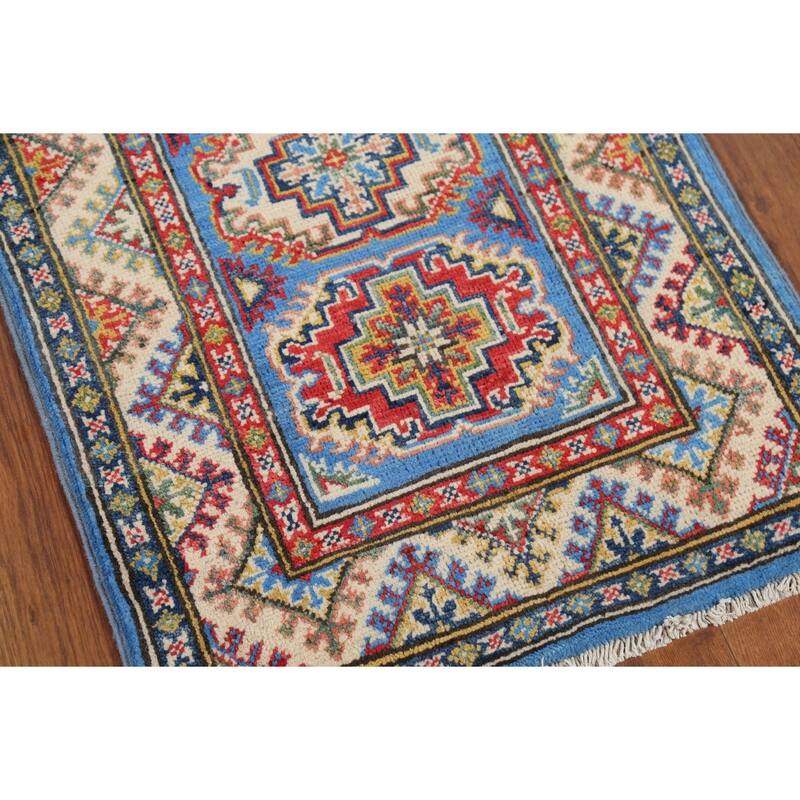 Geometric Blue Kazak Oriental Accent Rug Hand-Knotted Wool Carpet - 2'1"x 2'10"