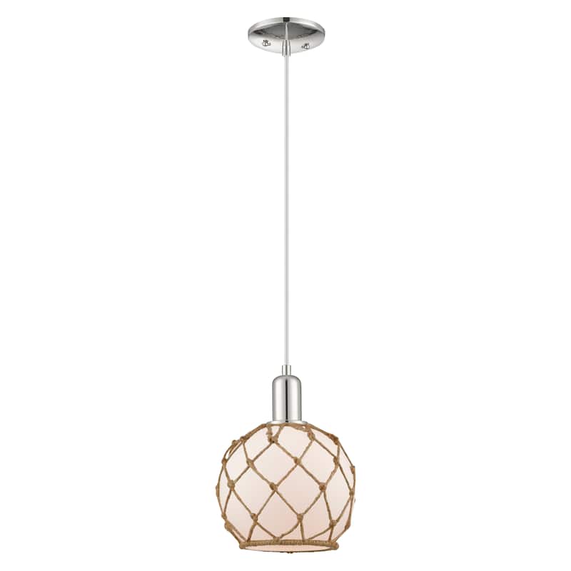 Innovations Lighting Endless Possibilities Arcadia - Farmhouse Rope - 1 Light 8" Cord Hung Mini Pendant - White Glass with Brown Rope/Polished Nickel
