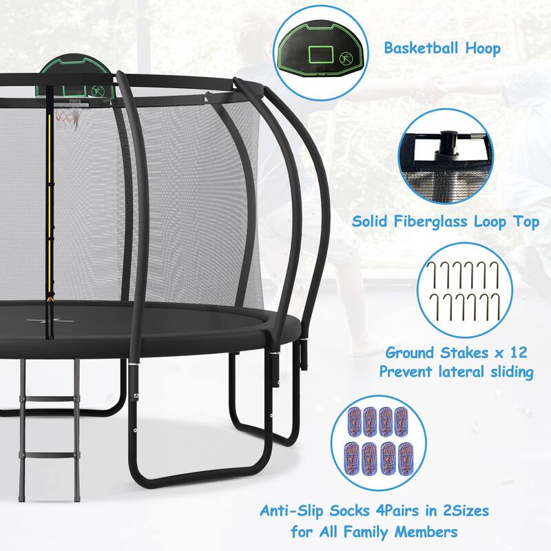 Trampoline for Safety Enclosure, Plus Basketball Board and 10 Ground Stakes, Outdoor Recreational Playset Balance