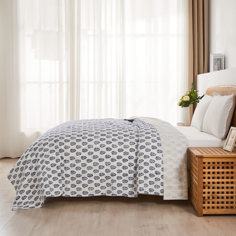 Melange Hand Stitched Kantha Block Print Coverlets and Shams - Paisley Coverlet Only - King - 1 Piece