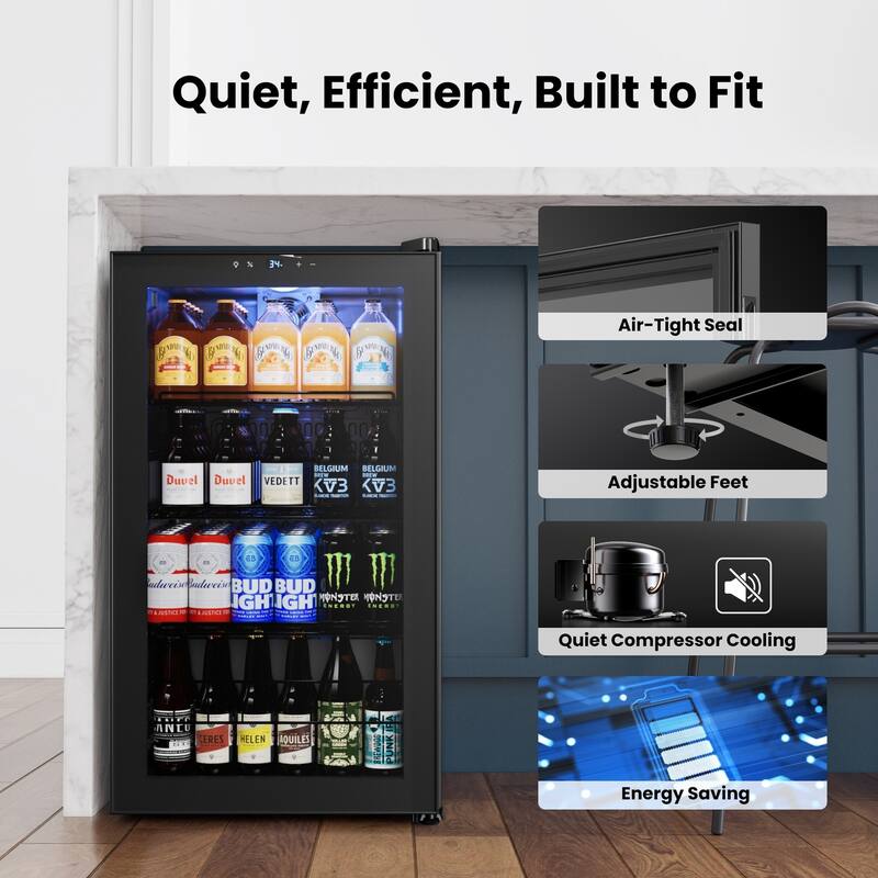 Yeego 3.4 Cu.Ft Beverage Refrigerator, Glass Door Cooler with LED Display, Quiet Compressor, 102-Can Capacity