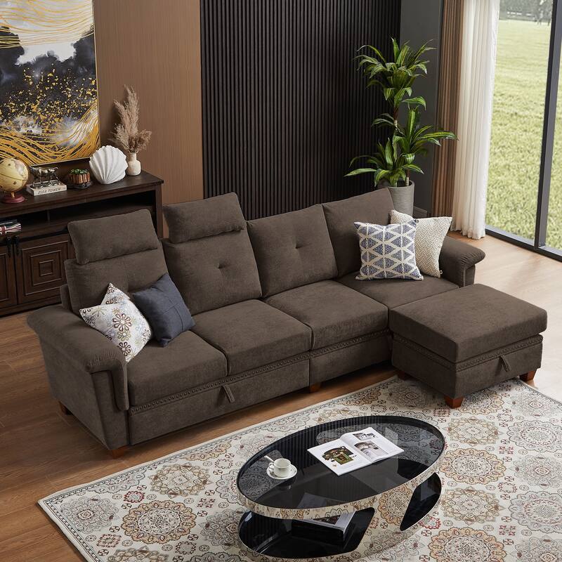 109" Modern 4 Seaters Towelling Sectional Sofa with Hidden Coffee Table Adjustable Headrest and Large Storage Space
