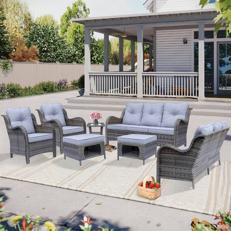 High Back Gray Wicker Outdoor Patio Furniture Sofa Seating Set with Cushions