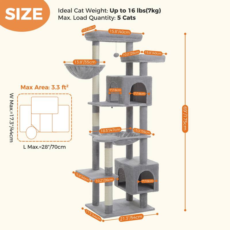 69" Tall Cat Tree Tower for Indoor Large Cats with Super Large Hammock, Scratching Posts, Condo House and Large Top Perch