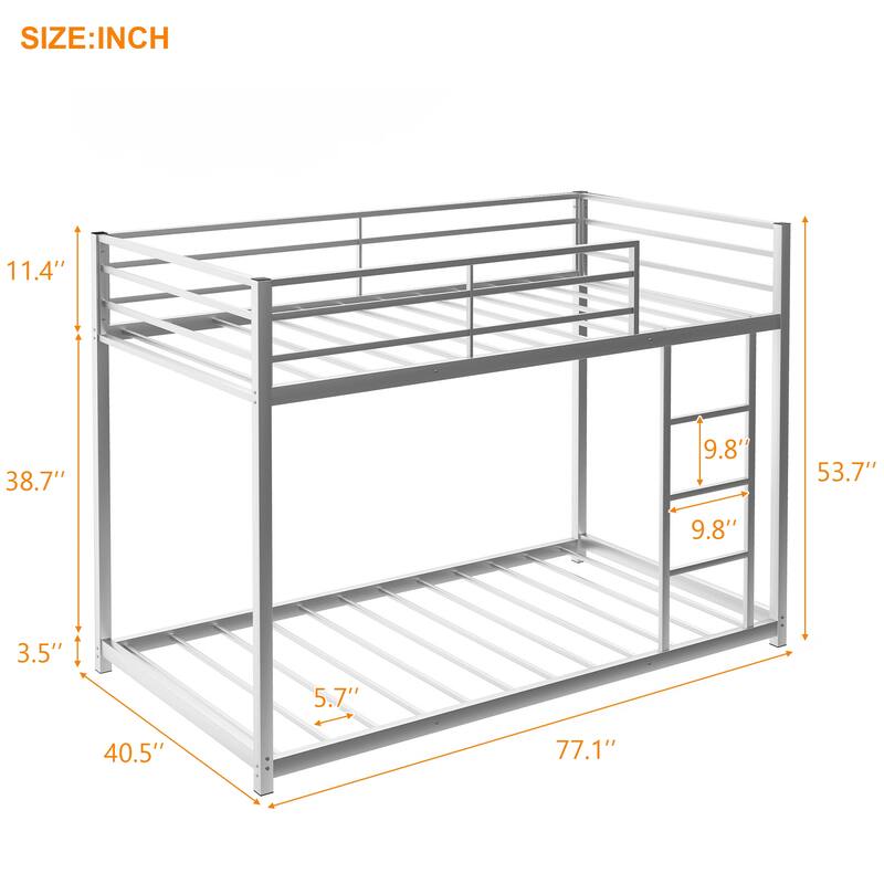 Metal Bunk Bed, Low Bunk Bed with Ladder