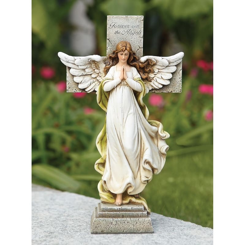 Curata Forever with The Angels Memorial Angel with Cross Stone Resin Statue