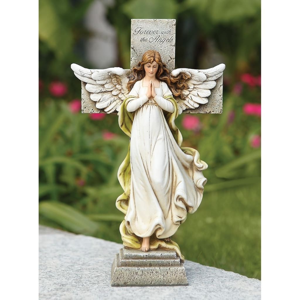 Curata Forever with The Angels Memorial Angel with Cross Stone Resin Statue