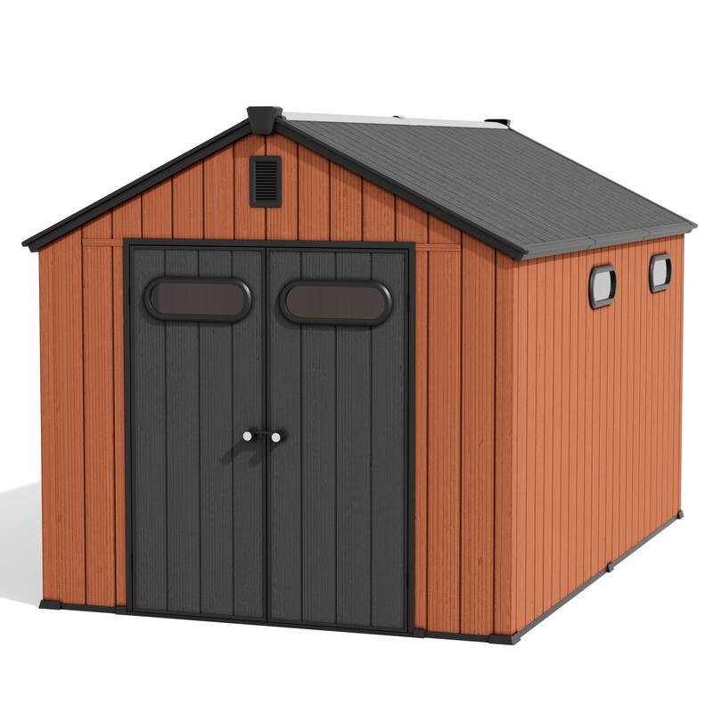 8' x 8' / 8' x 10'/ 8' x 12' Outdoor Storage Shed with Lockable Double Doors for Garden, Backyard, Patio - 8' x 12' - Brown