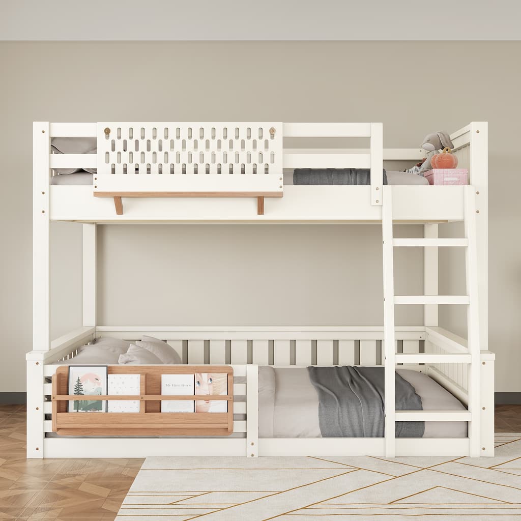 Full XL over Queen/Full over Queen Bunk Bed with Ladder and Guardrails, Pegboard and bookshelf