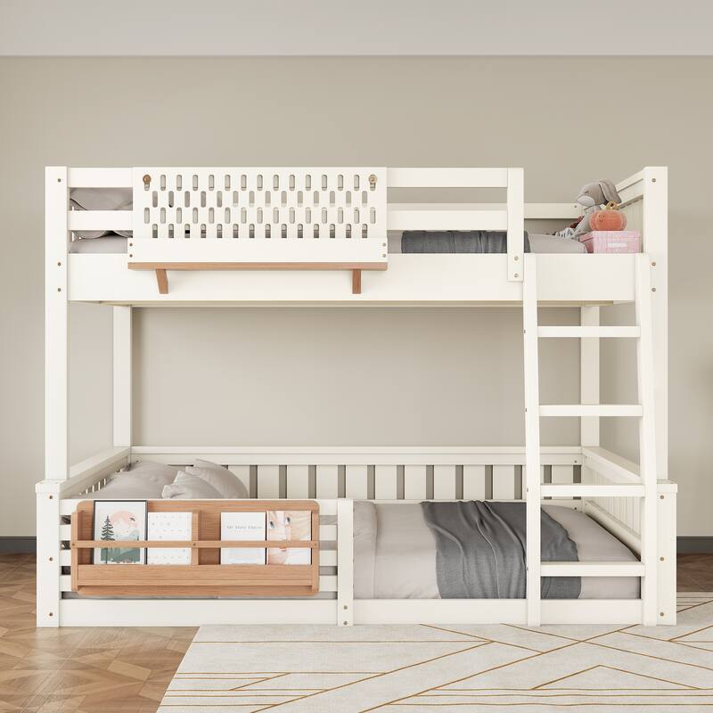 Roomfitters Bunk Bed with Bookshelf and Pegboard, Solid Wood Split Frame