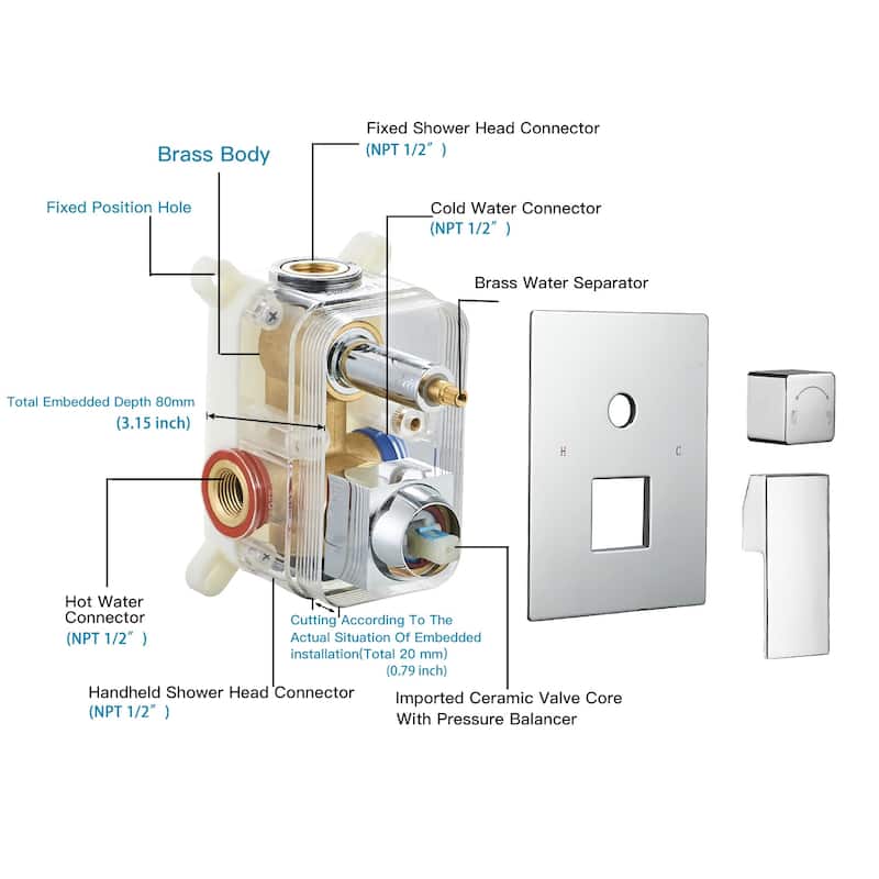 WIZ Wall Mount Rectangle Shower Head with Hand Shower Faucet