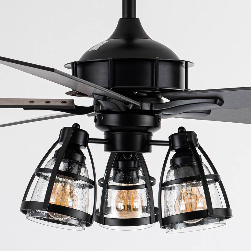 52" Industrial Matte Black Wood 3-Light Glass Ceiling Fan Chandelier with Remote