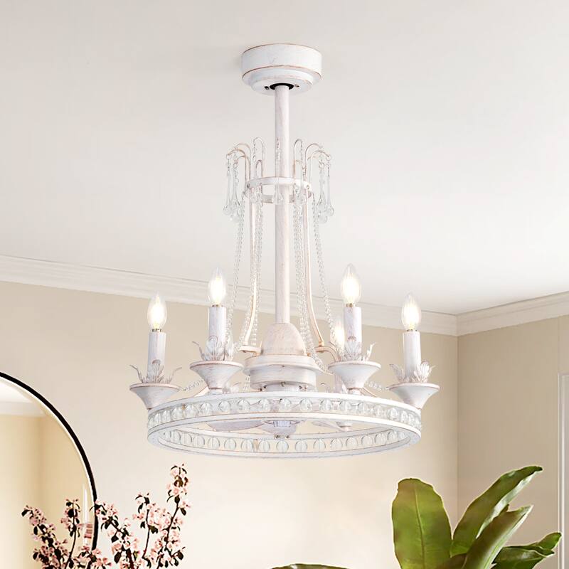22-Inch Distressed White 7-Blade Crystal Chandelier Ceiling Fan with Light and Remote
