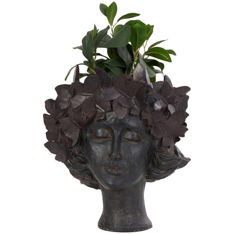 Bronze Resin Head Woman Indoor Outdoor Planter with Wide Opening and Butterfly Accents