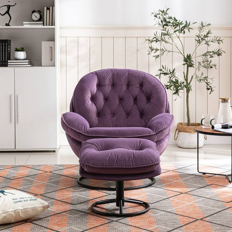 Velvet Swivel Accent Chair with Ottoman & Metal Legs (360° Rotation)