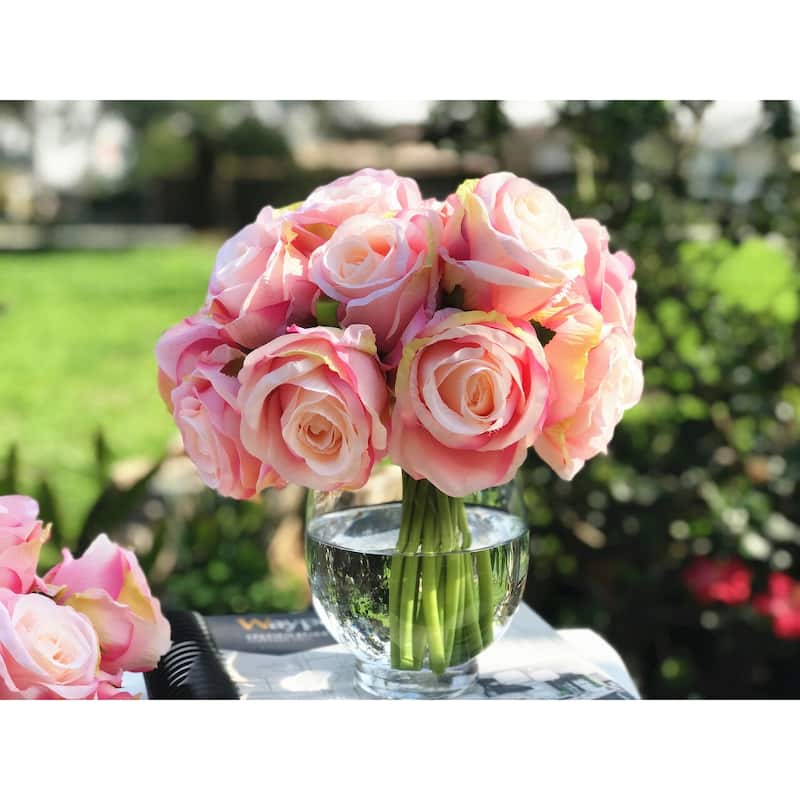 Enova Home Pink Artificial Silk Open Roses Fake Flowers Arrangement in Clear Glass Vase with Faux Water for Home Decoration