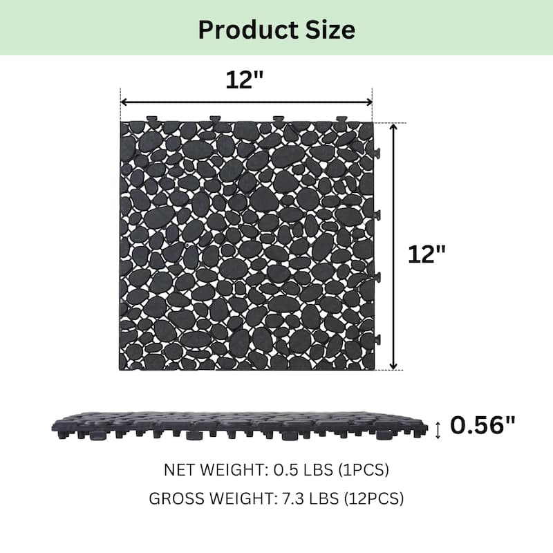 12 x 12 Inch Black Interlocking Deck Tiles Plastic Waterproof All Weather Anti-slip Bathroom Shower Balcony Porch ,Pack of 12