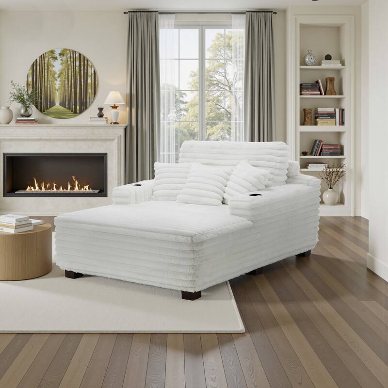 53"W Oversized Plush Fur-Like Chaise Lounge Sofa with Cup Holder