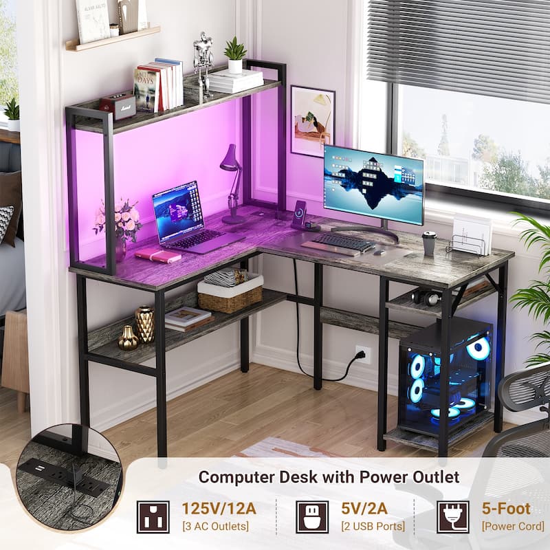 Modern Farmhouse L Shaped Computer Desk with Hutch and Storage Shelves, Corner Gaming Table with LED Lights