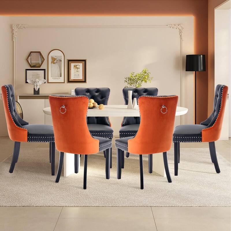 Tufted Naliheads Solid Wood Upholstered Dining Chairs Set of 6 - BlackOrange BlackLegs