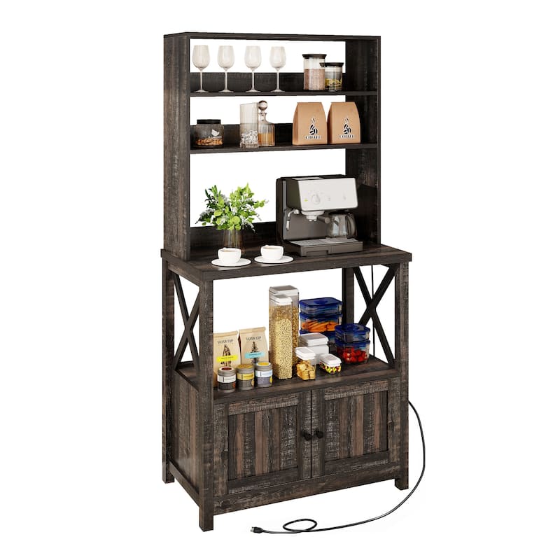 Baker's Rack Coffee Bar Cabinet Microwave Stand Rustic With Power Outlet