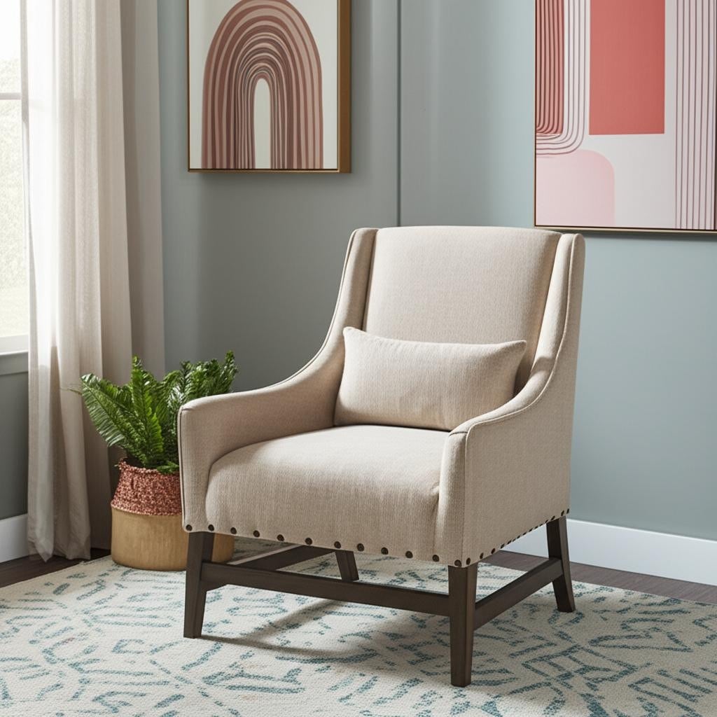 HomeRoots 30" Cream and Brown Linen and Solid Wood Arm Chair - 29.50 in. x 35.75 in. x 28.25 in.