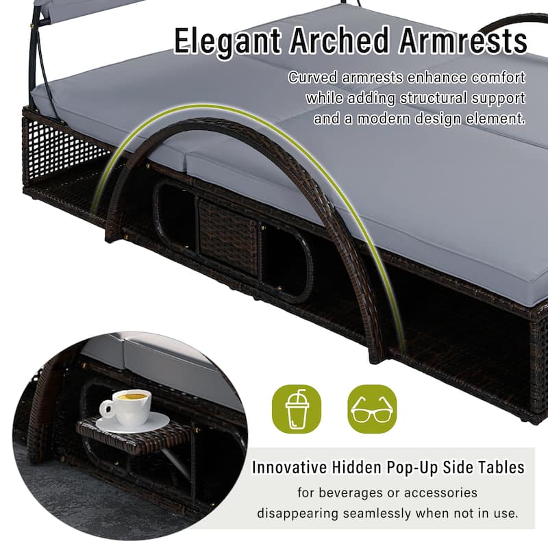 Outdoor Steel Frame Sun Lounger with Adjustable Backrest,Patio Double Sunbed with Hidden Side Table and Arched Armrests