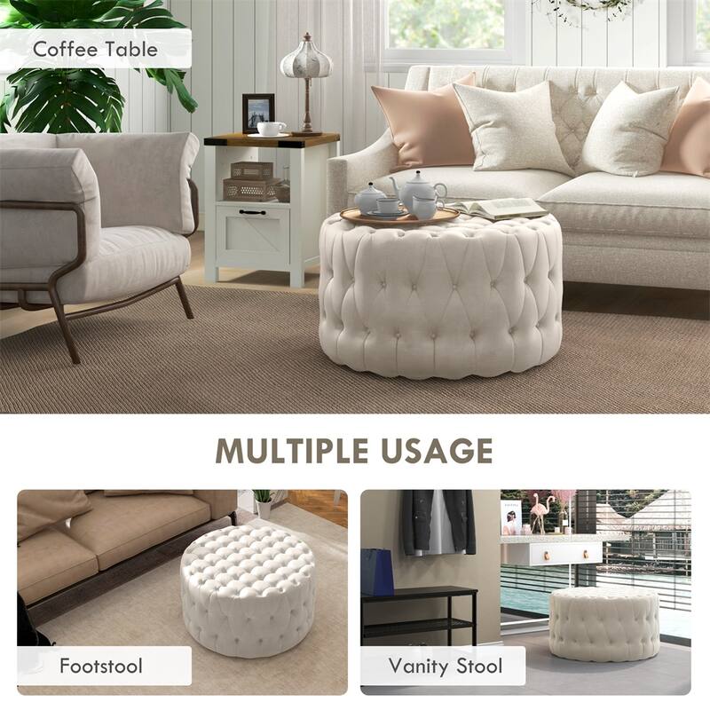 31.5" Round Ottoman,Velvet-Feel Upholstered Foot Stool w/Button Tufted - Beige