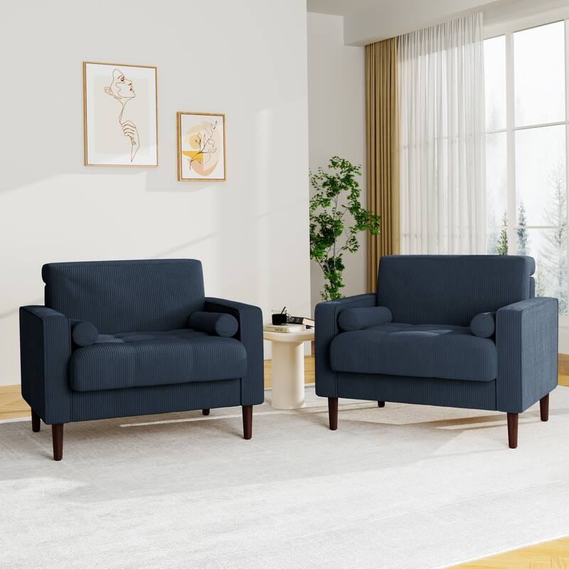2 Set Upholstered Wide Comfy Accent Club Chair with Wood Leg - 34.6" W x 30.6" D x 28.7" H - Navy Blue