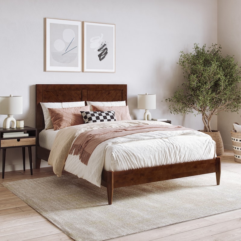 Solid Wood Low Profile Platform Bed - Classic Charm Design, USB Charger Included, Walnut Finish, Full Size Bed