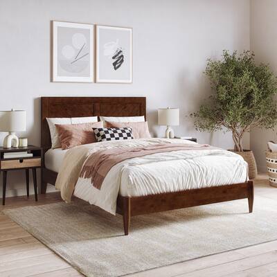 Solid Wood Low Profile Platform Bed - Classic Charm Design, USB Charger Included, Walnut Finish, Full Size Bed