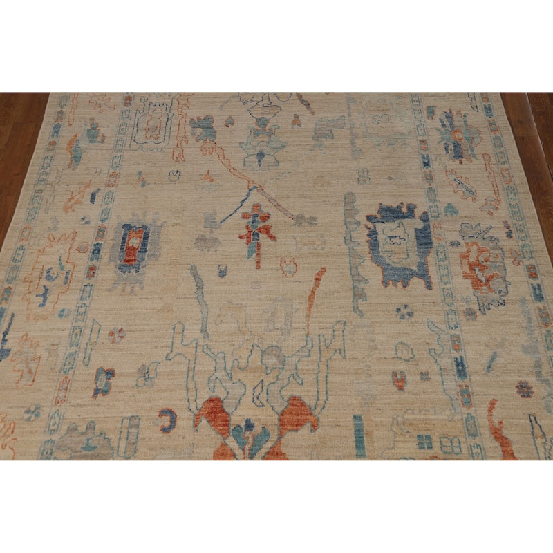Vegetable Dye Oushak Turkish Rug Hand-Knotted Beige Wool Carpet - 5'11" x 9'0"