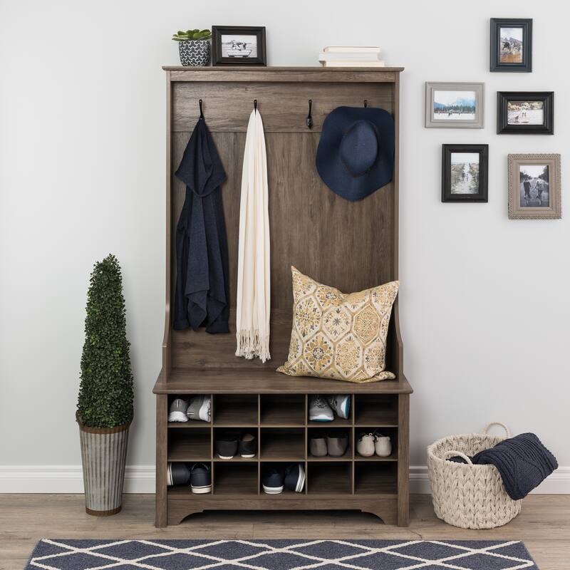 Prepac Hall Tree with Bench and Shoe Storage, Mudroom Bench with Storage and Hooks