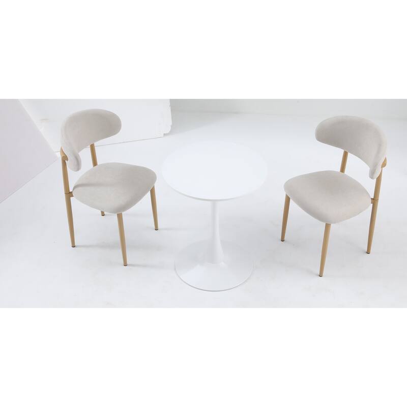 white round dining table with an elegant tulip-shaped steel base and a 24-inch medium-density fiberboard tabletop