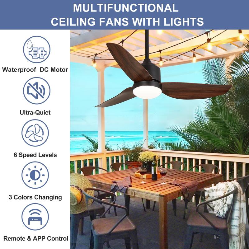 Outdoor Ceiling Fan with Light: 42-52 Inch Hanging - Plug in Waterproof Fans for Patio - Dimmable Remote App Control Black