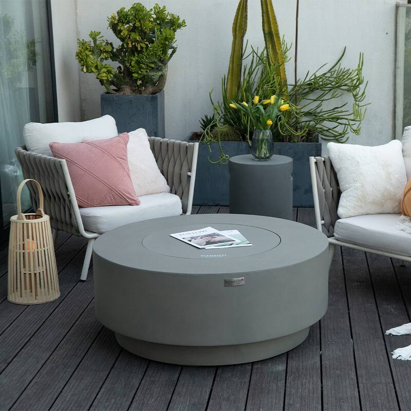 Elementi Plus Colosseo Outdoor Fire Pit Table Concrete Round 60000 BTU - 40.9 x 40.9 inches with Lid, Fire Glass, and Cover