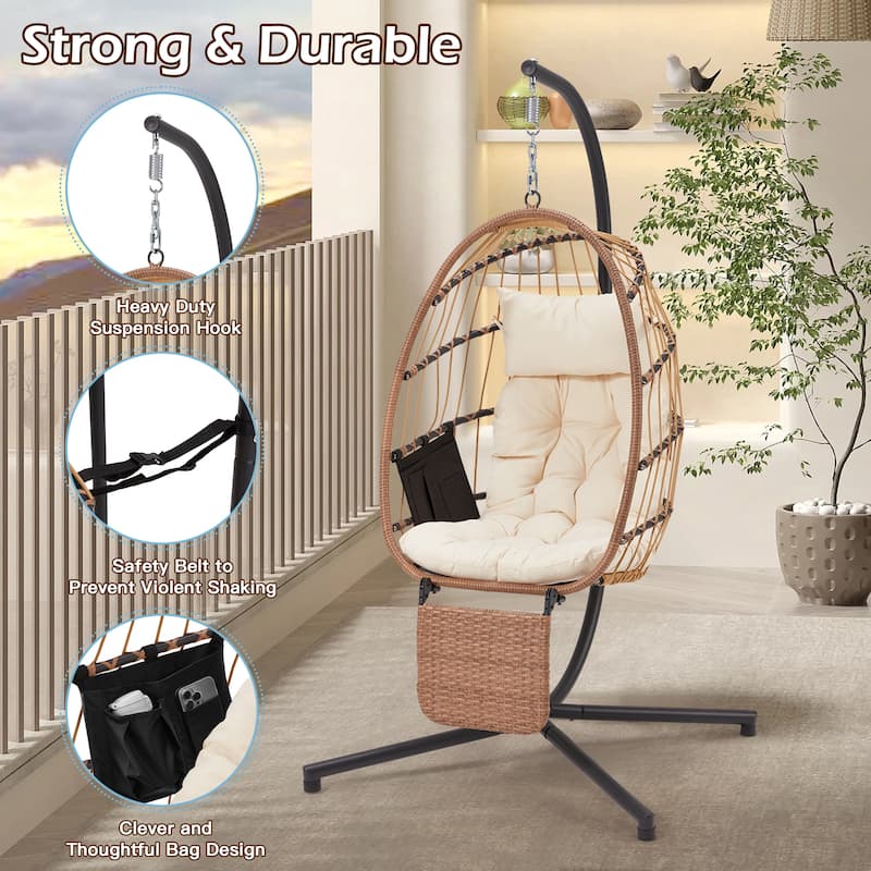 EROMMY Hanging Egg Chair with Stand, Foldable Indoor/Outdoor Swing Chair includes Cushion and Pillow, Patio Wicker Swing