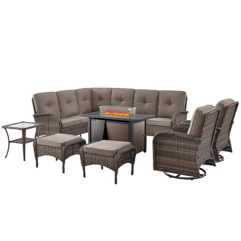 Fire Pit Table with Sectional Sofa Swivel Chairs Ottomans