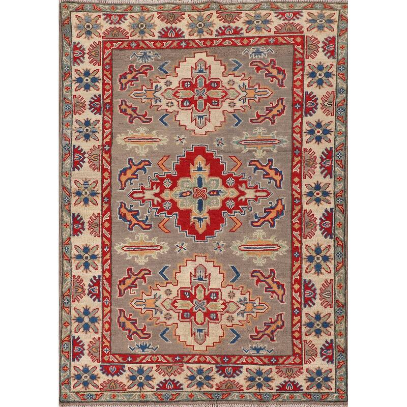 Geometric Grey Kazak Accent Rug Hand-Knotted Wool Carpet - 3'8"x 4'11"