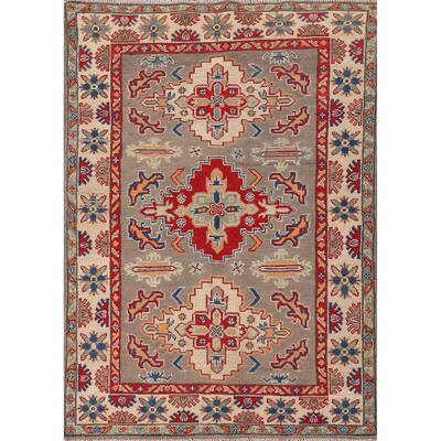 Geometric Grey Kazak Accent Rug Hand-Knotted Wool Carpet - 3'8"x 4'11"