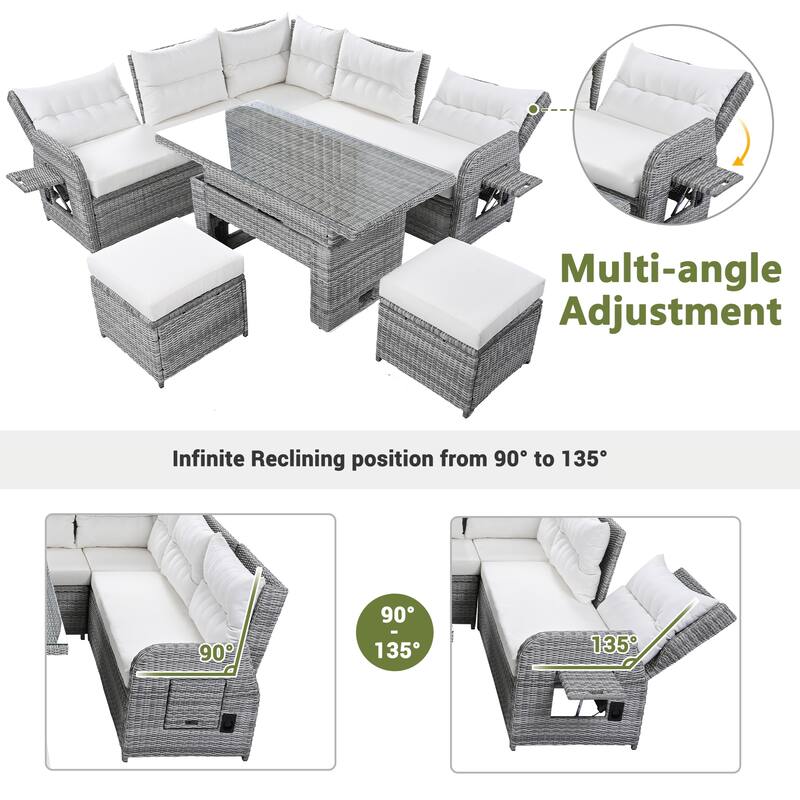 Outdoor Rattan Furniture Set with Extendable Table and Two Ottomans