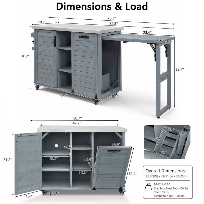78.3" Outdoor Kitchen Island with Extendable Table, Trash Can Storage and Stainless Steel Top for BBQ Cooking