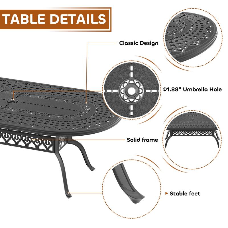 7/9-Piece Cast Aluminum Outdoor Dining Set with 82.87'' L X 42.13'' W Oval Table and Random Color Seat Cushions