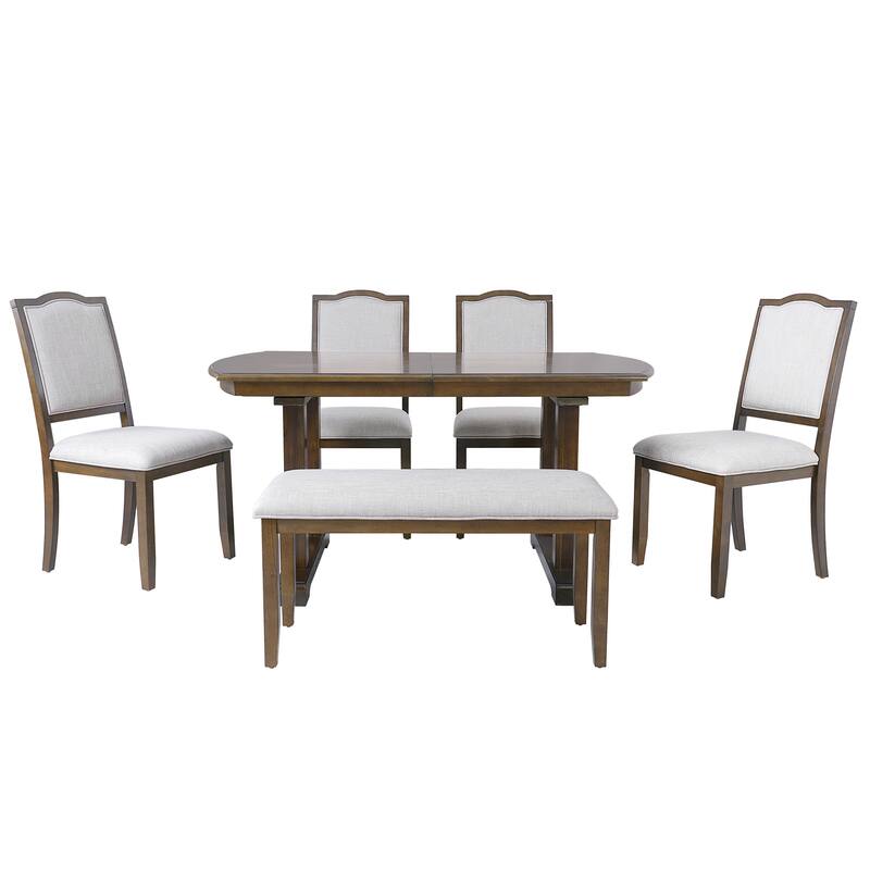 6 Piece Extendable Wood Dining Table Set w/ 4 Upholstered Chair,Bench