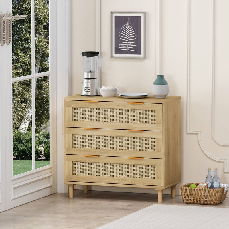 Anmytek Mid Century Modern Oak Wood Storage Cabinet with 3 Rattan Drawers for Bedroom and Living Room