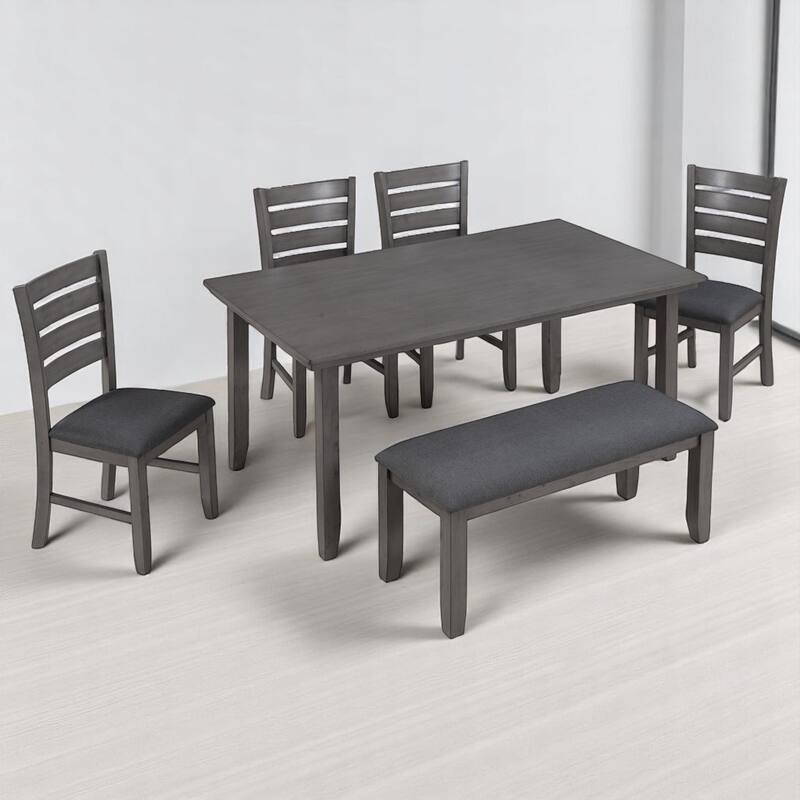6-Piece Dining Set for 6, Rustic Wood Dining Table with 4 Chairs and Bench, Upholstered Seats for Kitchen or Dining Room - Gray