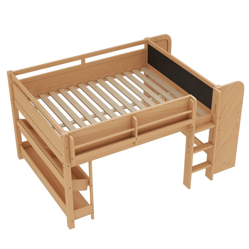 Full/Twin Size Loft Bed with Built-in Desk, Multi-Storage Bookcases & Blackboard, Solid Wood Low Loft Bed Frame