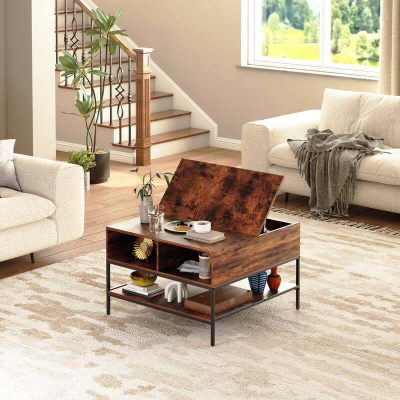 Flip-Top Coffee Table with Hidden Storage, Accent Table with Metal Leg, Center Table with Shelves