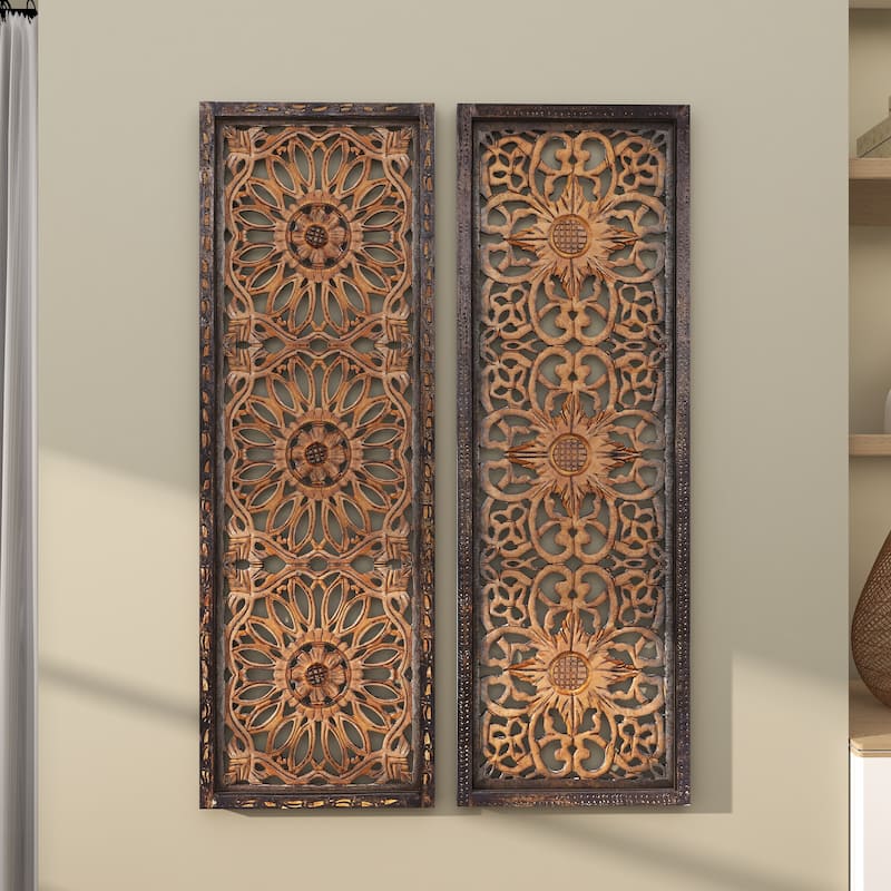 Wood Floral Handmade Intricately Carved Home Wall Decor - Set of 2 Brown - Roche River Decor